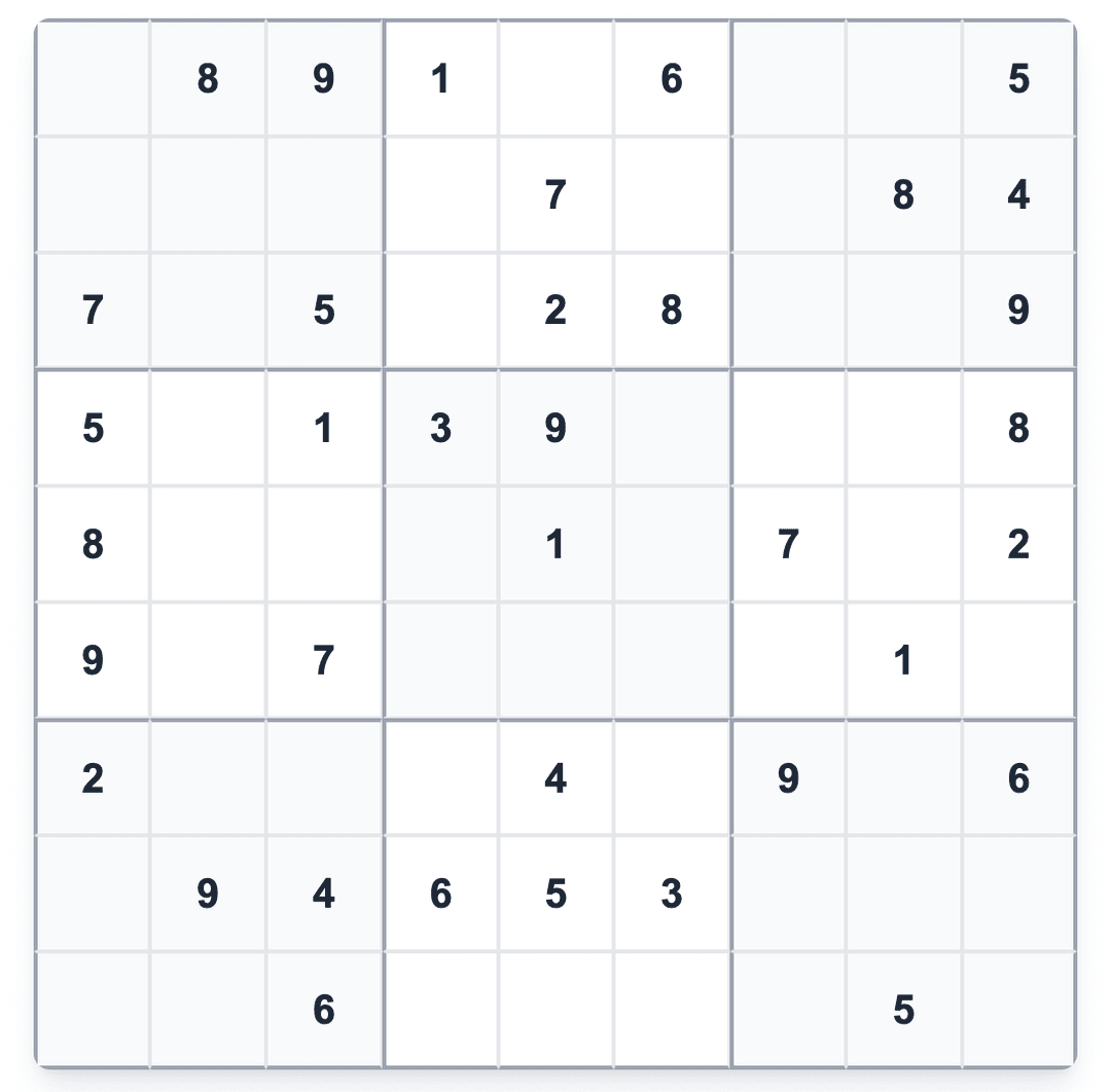 いくつかの数字が記入された数独の例
